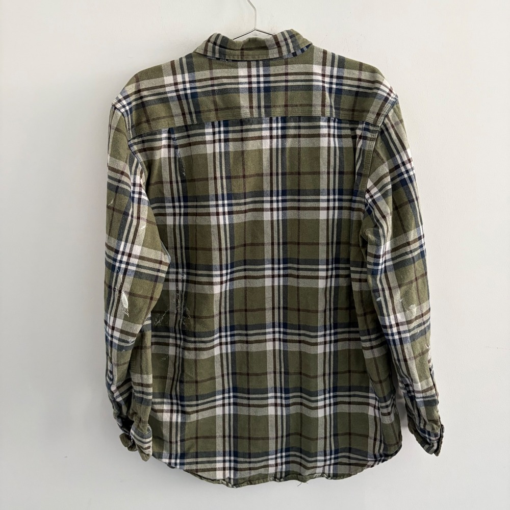 Carhartt Mens Large Green Plaid Flannel Button Down Work Shirt Distressed - Picture 2 of 7